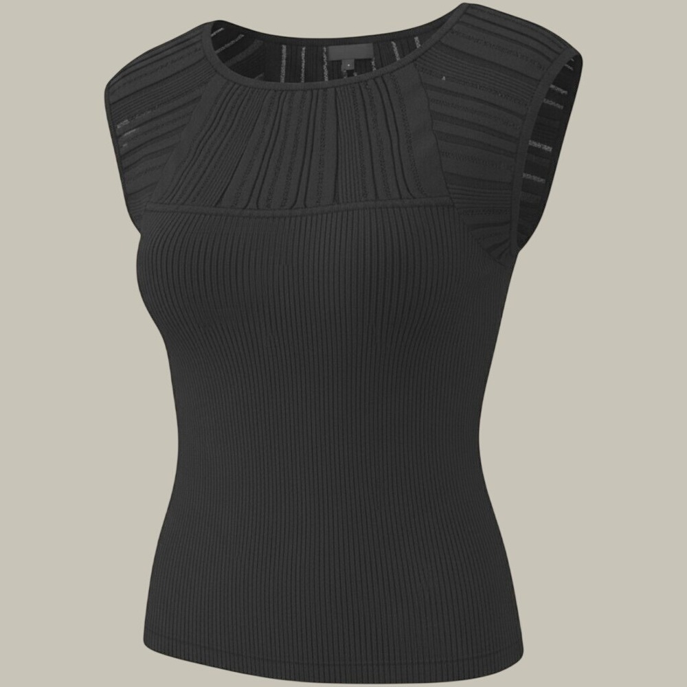 DKNY Black Ribbed Knit Sleeveless Top Chic Sophisticated Sleek Dark Academia